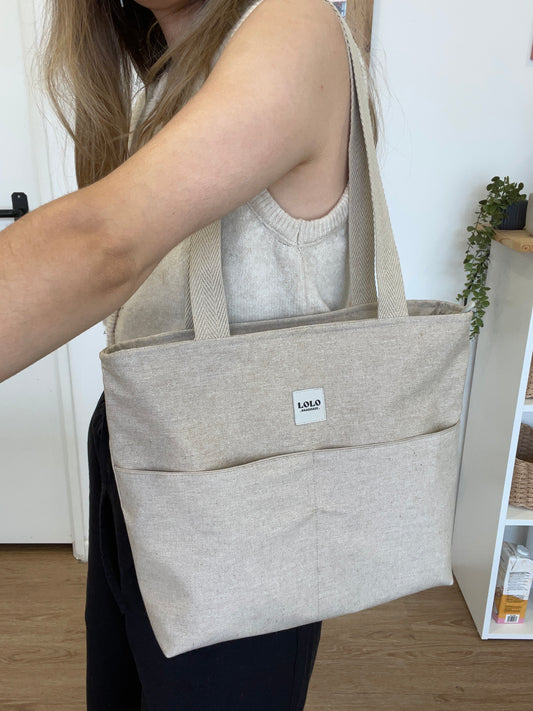 Bolso shopper beige efecto lino impermeable