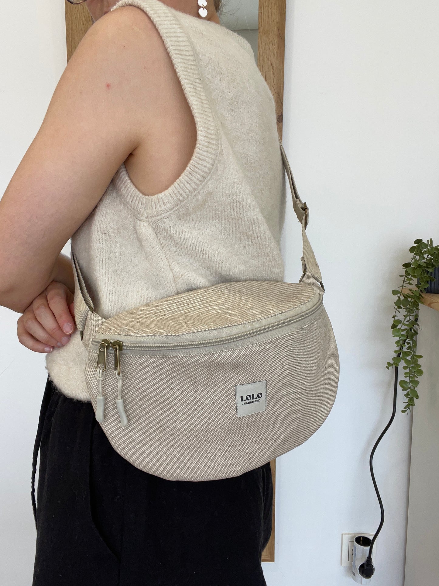 Riñonera XL beige efecto lino impermeable