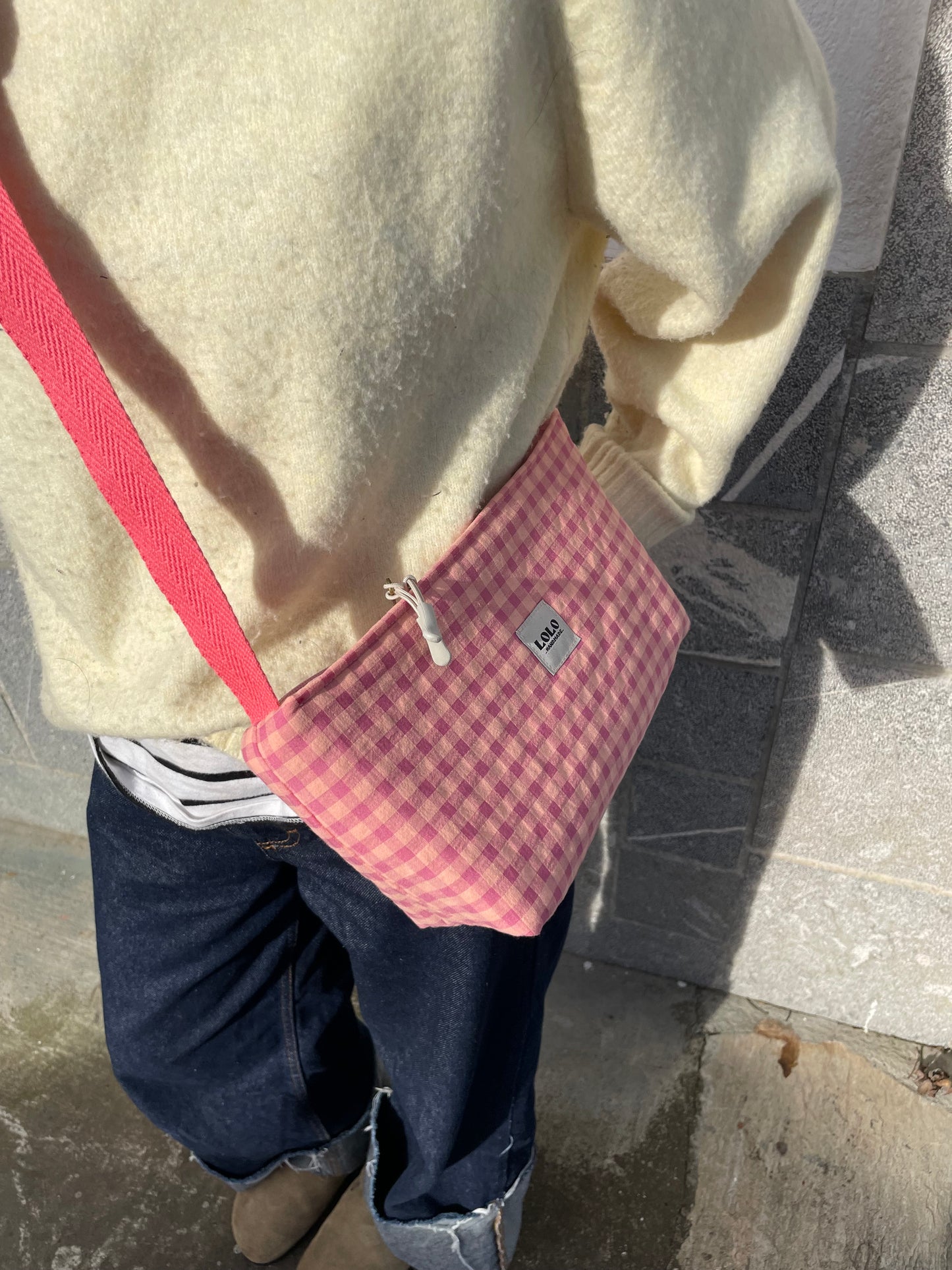 Bolso rectangular vichy rosa y naranja