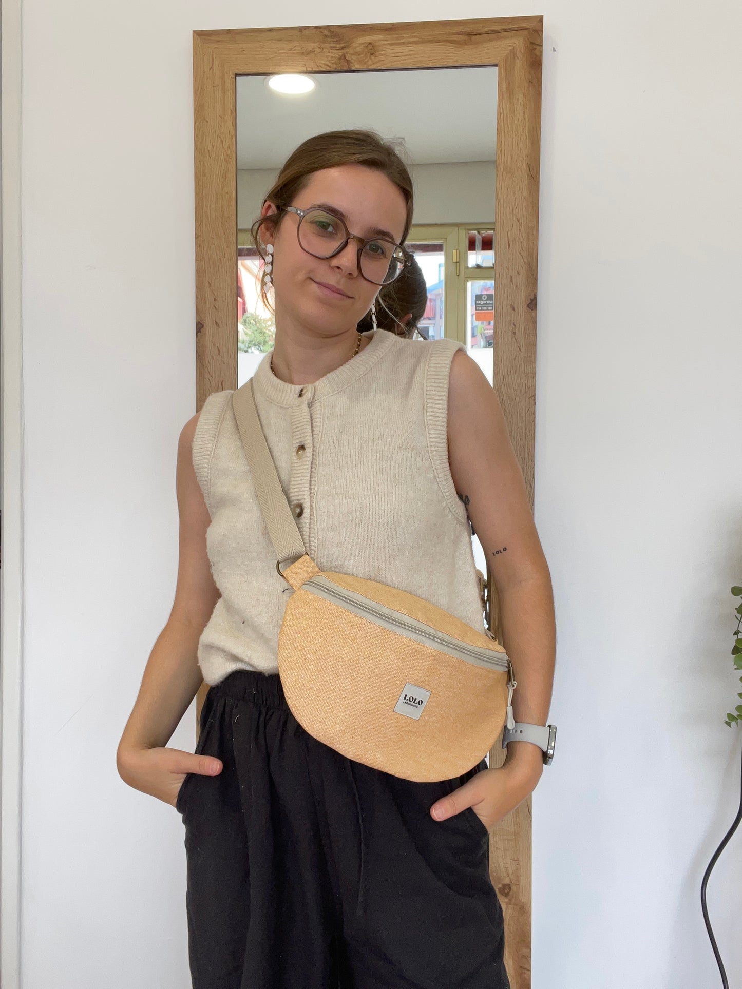 Riñonera XL naranja efecto lino impermeable