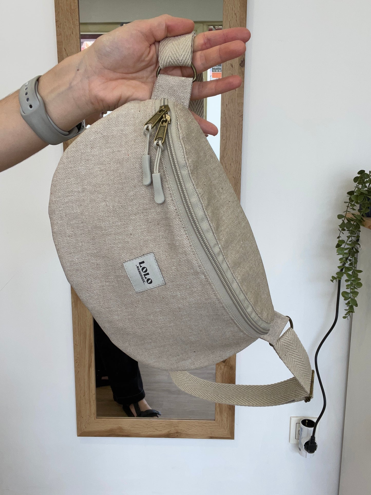 Riñonera XL beige efecto lino impermeable