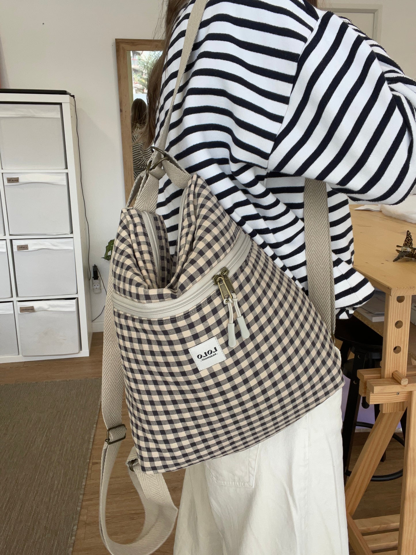 Bolso/mochila vichy beige y negro