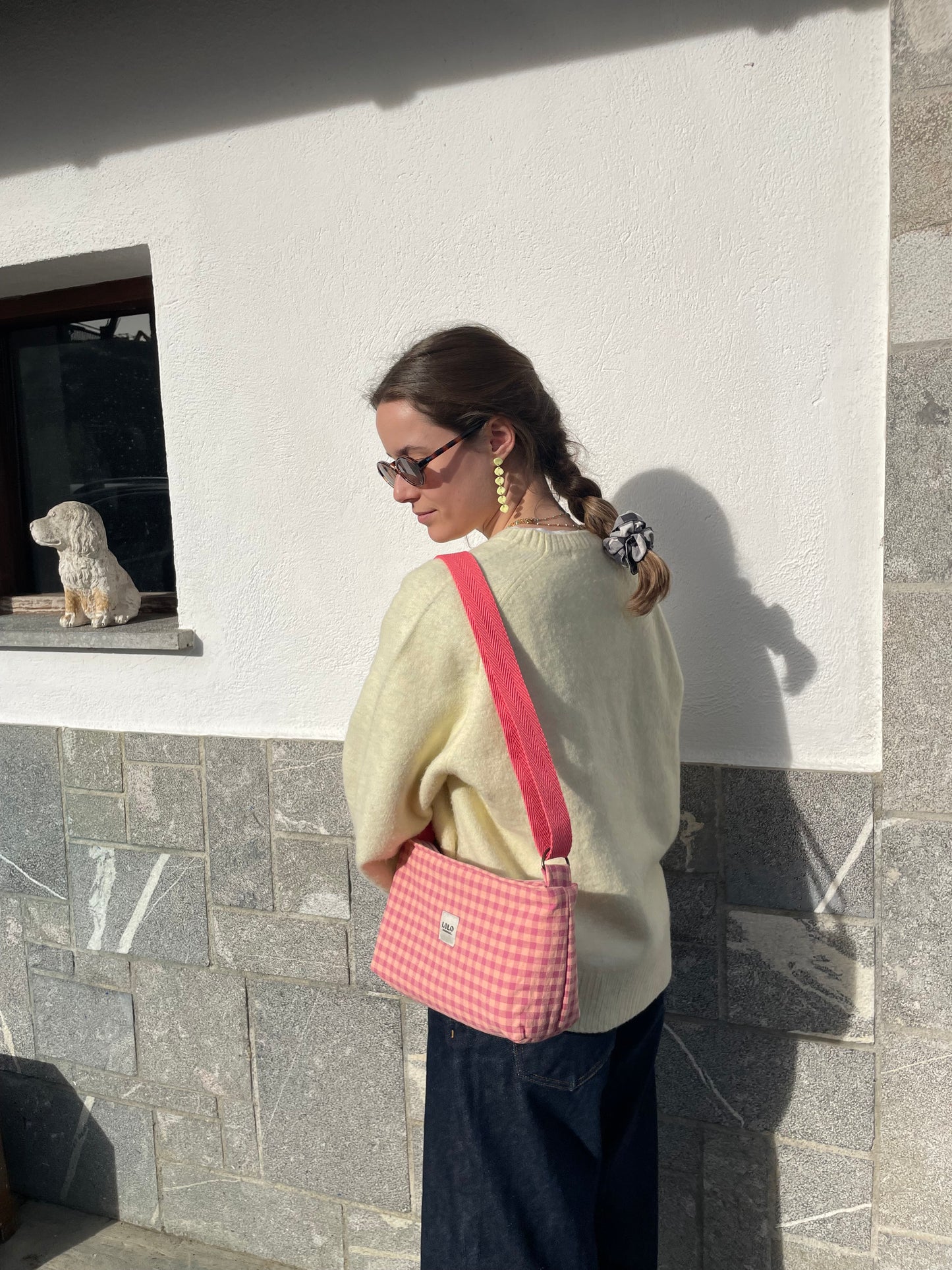 Bolso rectangular vichy rosa y naranja