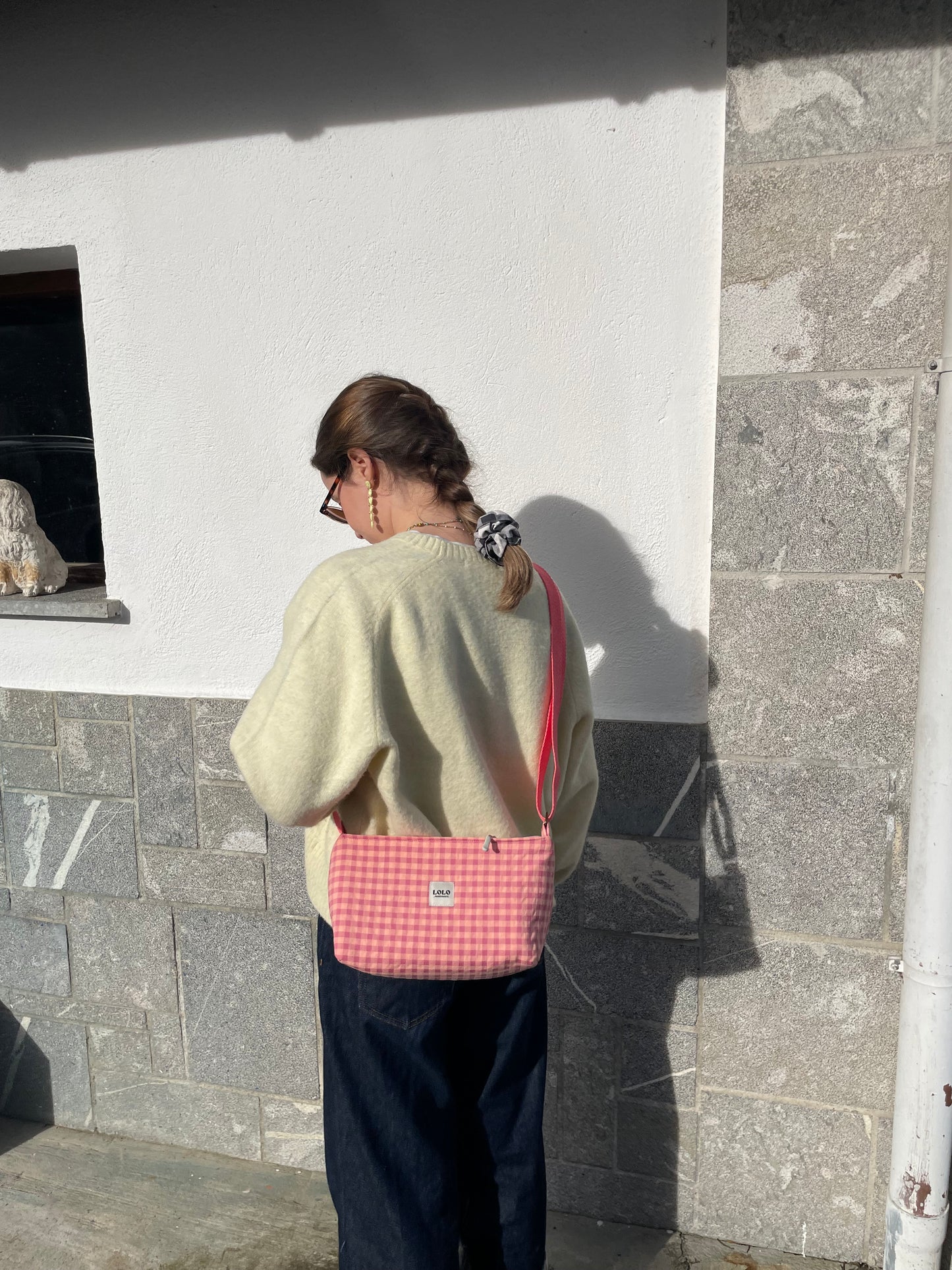 Bolso rectangular vichy rosa y naranja