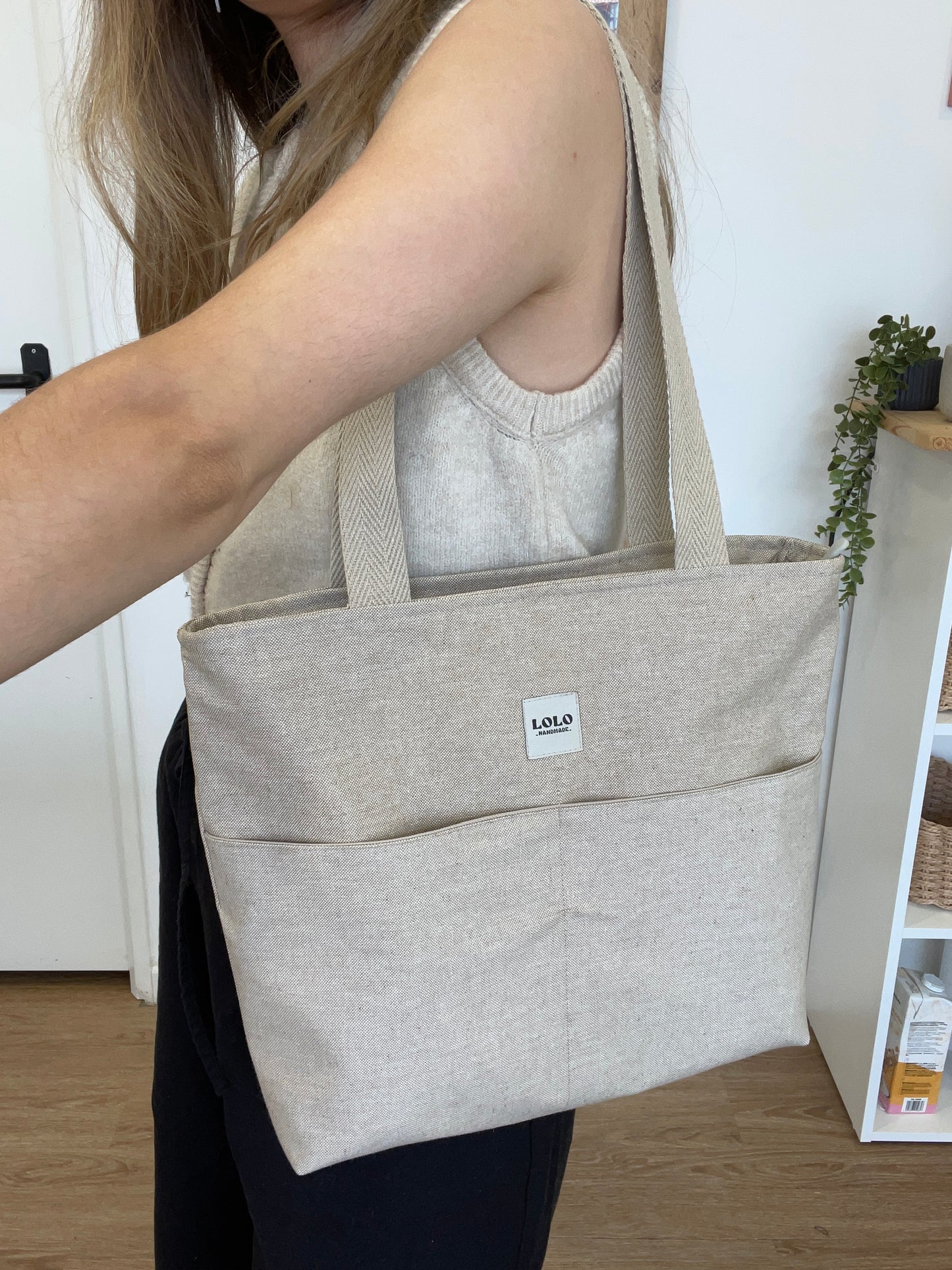 Bolso shopper beige efecto lino impermeable