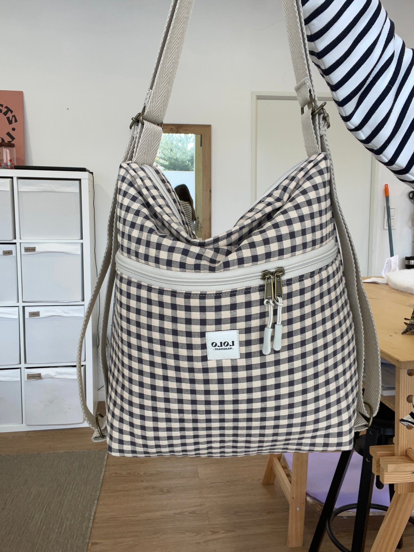 Bolso/mochila vichy beige y negro