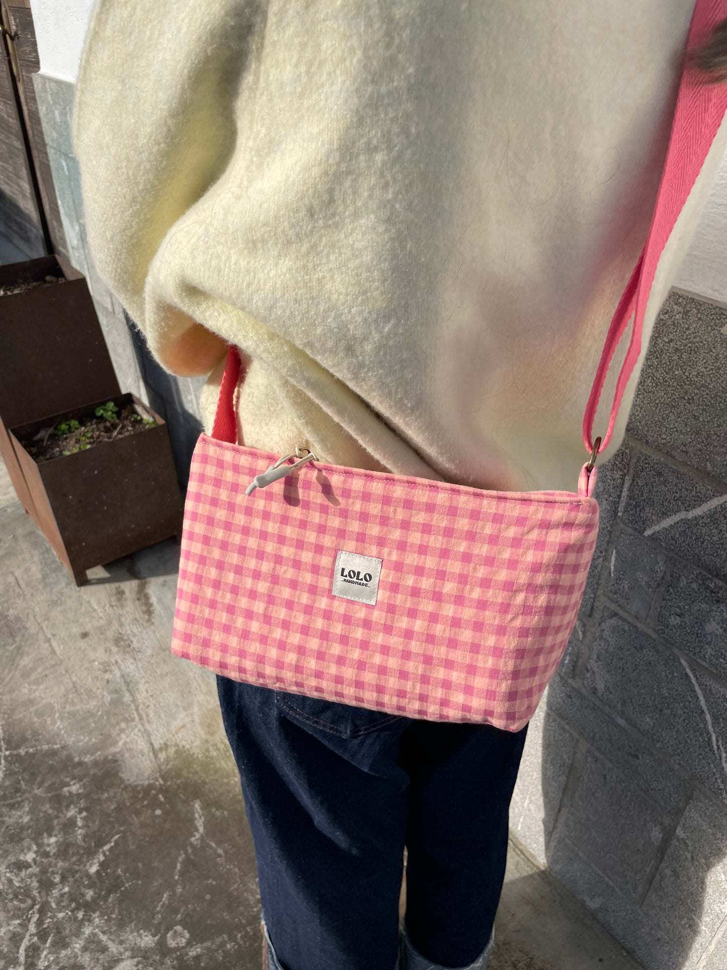 Bolso rectangular vichy rosa y naranja