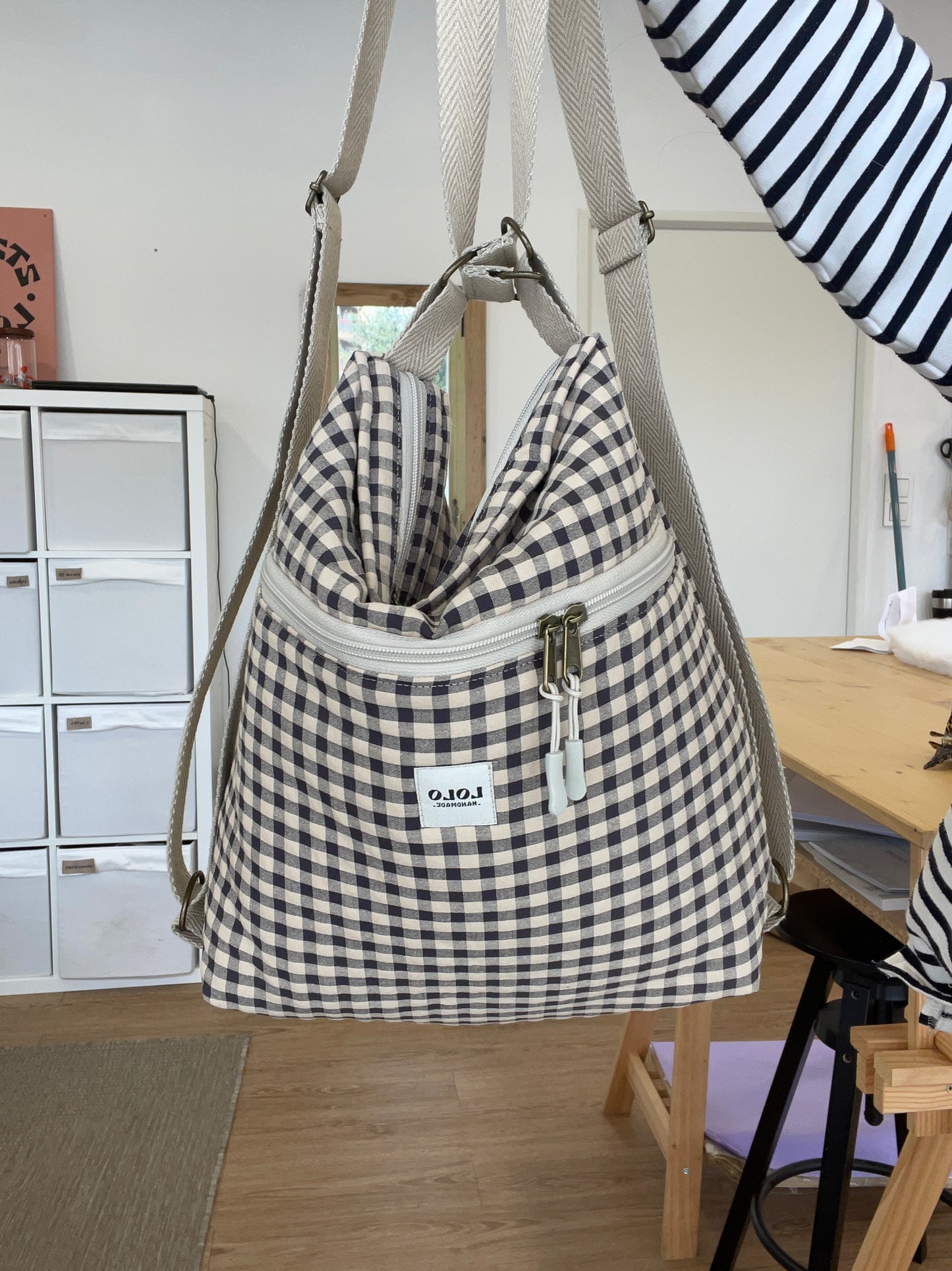 Bolso/mochila vichy beige y negro