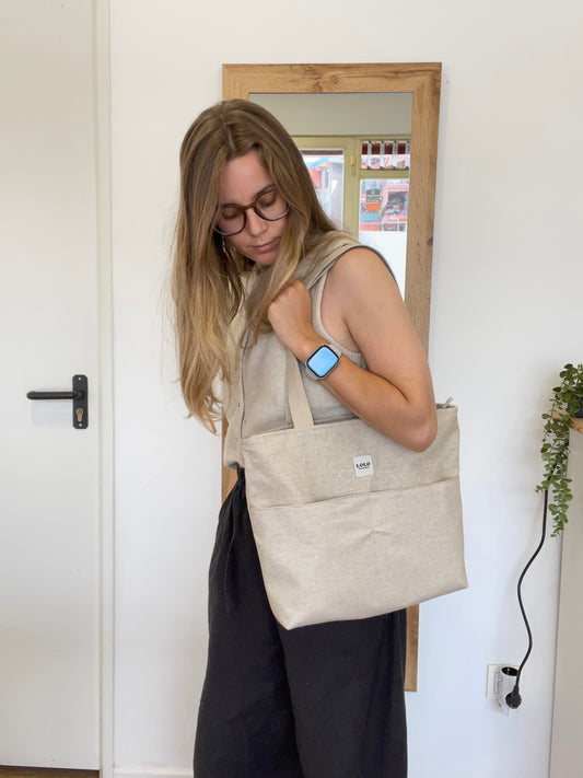 Bolso shopper beige efecto lino impermeable