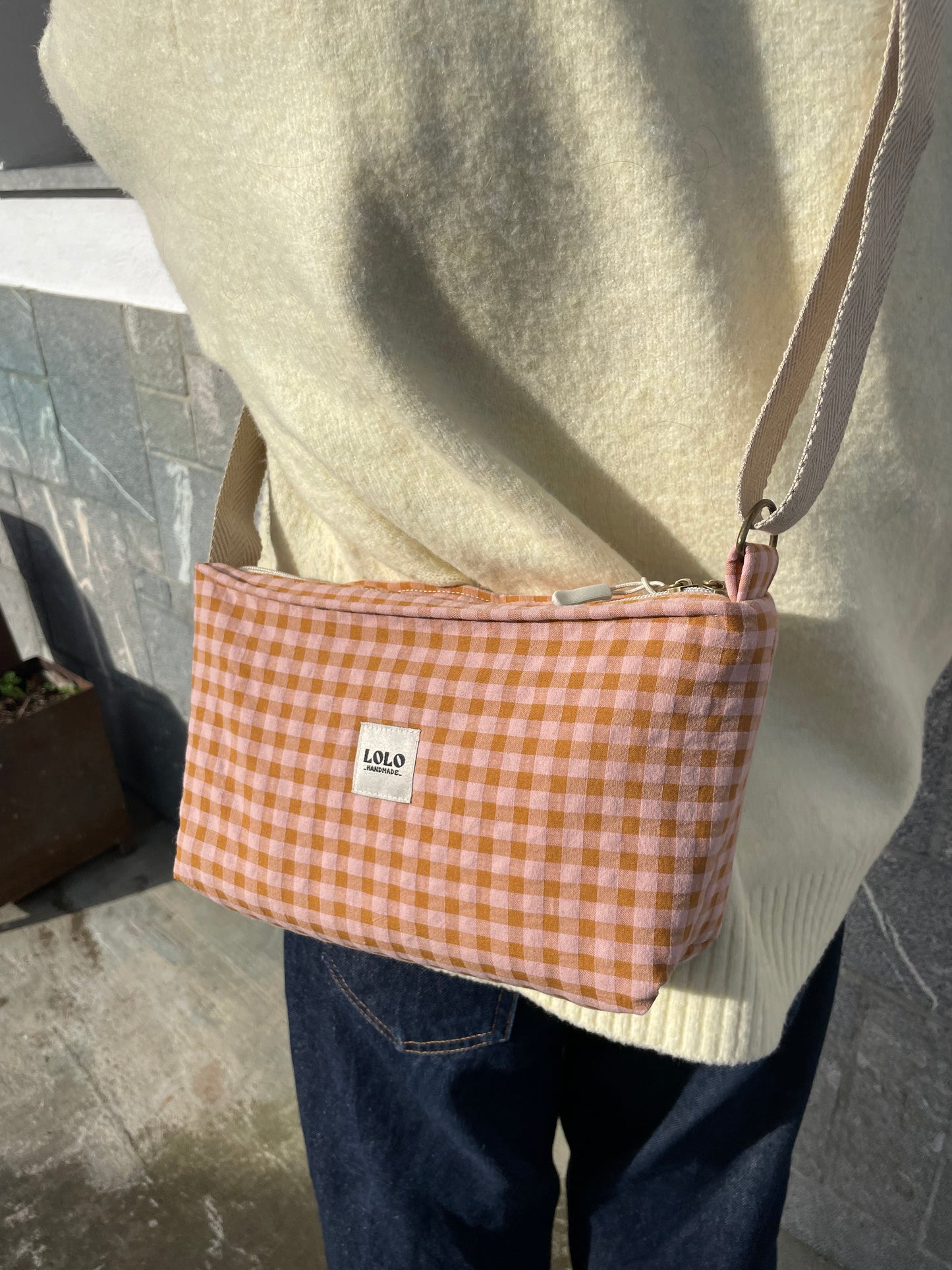 Bolso rectangular rosa y teja