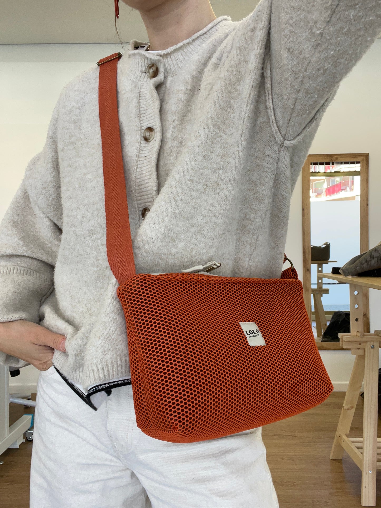 Bolso rectangular malla 3D total teja